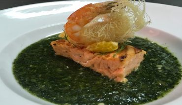 Modern Mulukhiyah with Grilled Salmon