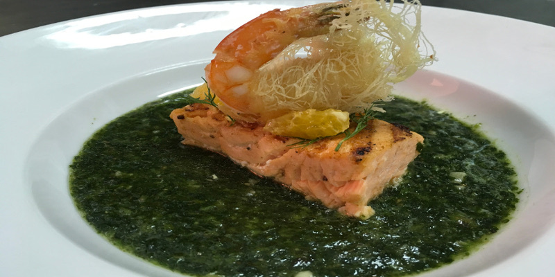 Modern Mulukhiyah with Grilled Salmon, Topped deep fried marinated zaatar prawns wrapped with kunafa dough